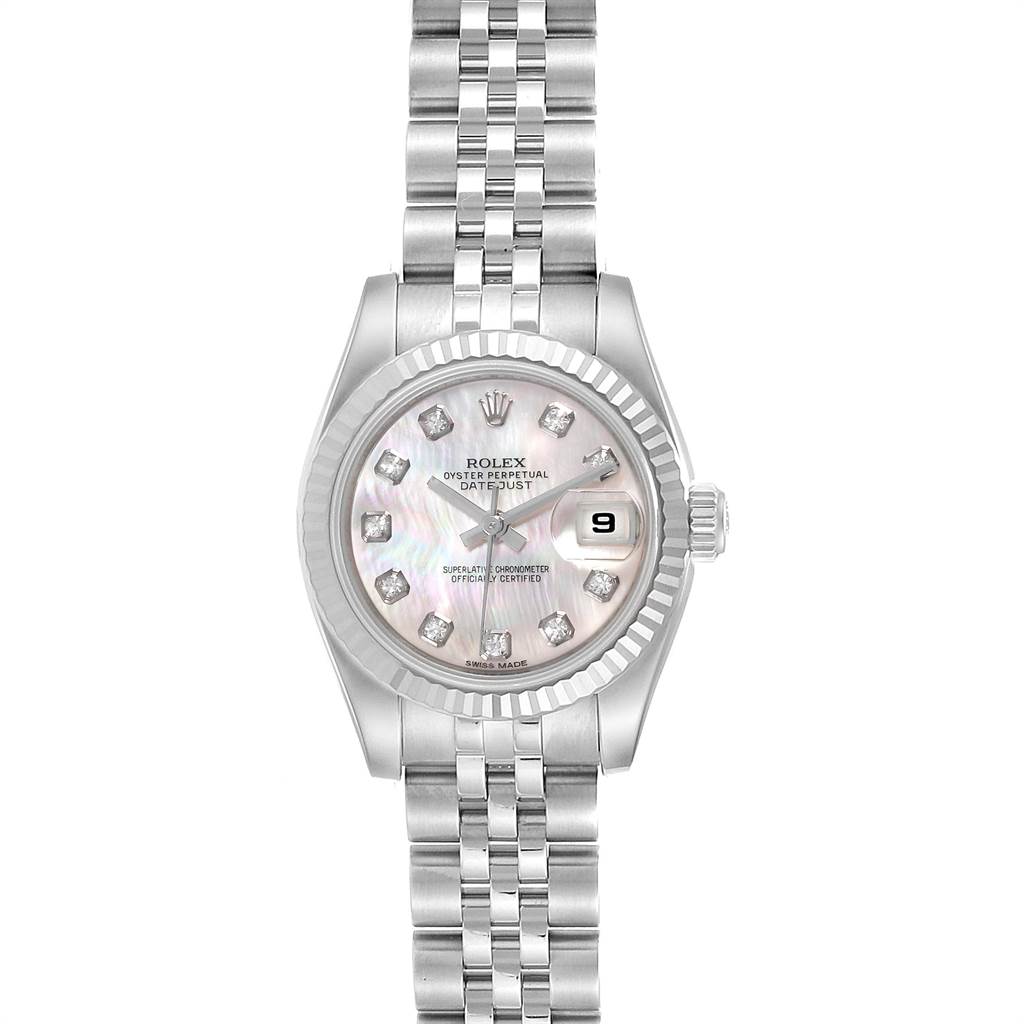 The image shows a front view of a Rolex Datejust 179174 Women
s Stainless Steel Mother of Pearl Dial 179174 Women
s Stainless Steel Mother of Pearl Dial model watch, highlighting the dial, bezel, and bracelet.