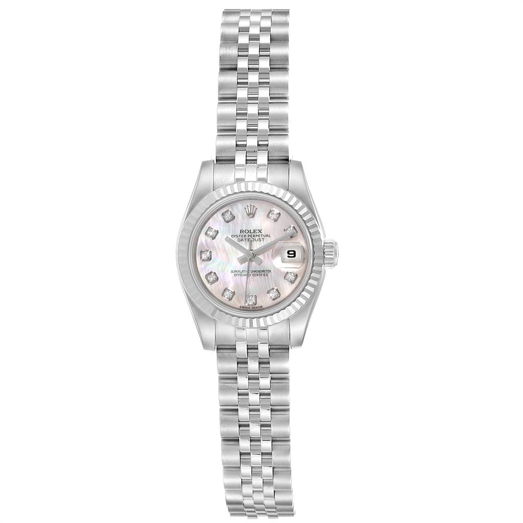 The image shows a Rolex Datejust 179174 Women
s Stainless Steel Mother of Pearl Dial 179174 Women
s Stainless Steel Mother of Pearl Dial watch from a top-down view, displaying the dial, bracelet, and crown.