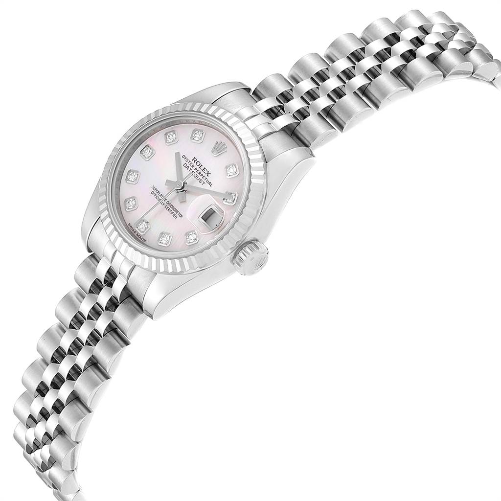 This image shows a Rolex Datejust 179174 Women
s Stainless Steel Mother of Pearl Dial 179174 Women
s Stainless Steel Mother of Pearl Dial watch at an angled view, highlighting its face, bracelet, and crown.