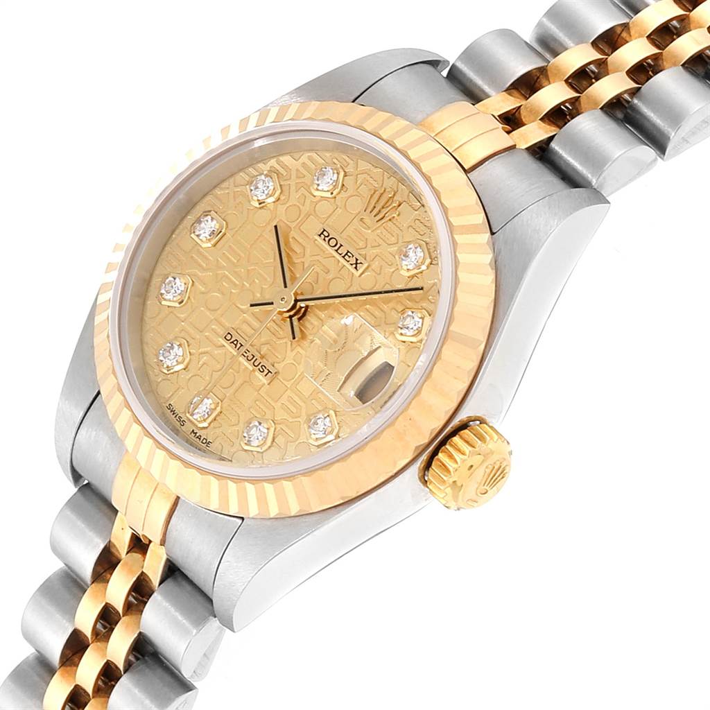 This image shows a Rolex Datejust 79173 Women's Stainless Steel Champagne Dial 79173 Women's Stainless Steel Champagne Dial watch from a tilted top-front angle, highlighting its face, bezel, and partial bracelet.