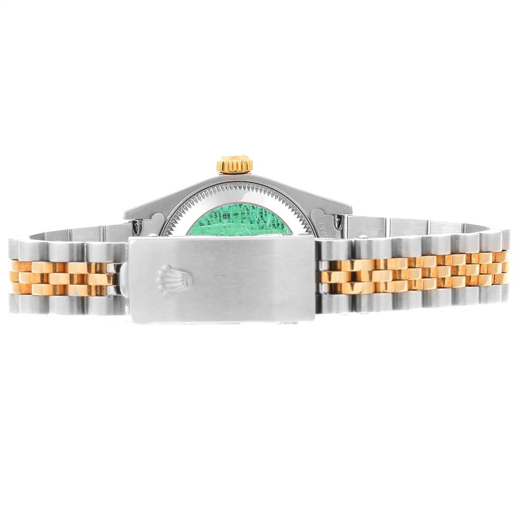 The image shows a Rolex Datejust 79173 Women's Stainless Steel Champagne Dial 79173 Women's Stainless Steel Champagne Dial watch from a back angle, highlighting the clasp and part of the bracelet.