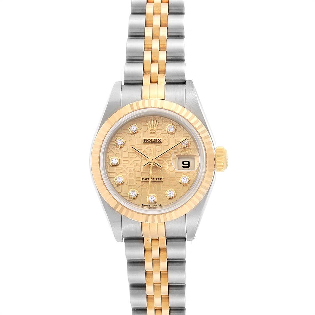 This image shows a front view of a Rolex Datejust 79173 Women's Stainless Steel Champagne Dial 79173 Women's Stainless Steel Champagne Dial watch, featuring a two-tone metal bracelet and a gold dial with diamond hour markers.