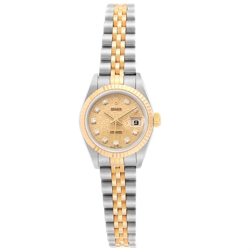 The image shows a front view of a Rolex Datejust 79173 Women's Stainless Steel Champagne Dial 79173 Women's Stainless Steel Champagne Dial watch, highlighting the dial, bezel, and two-tone bracelet.