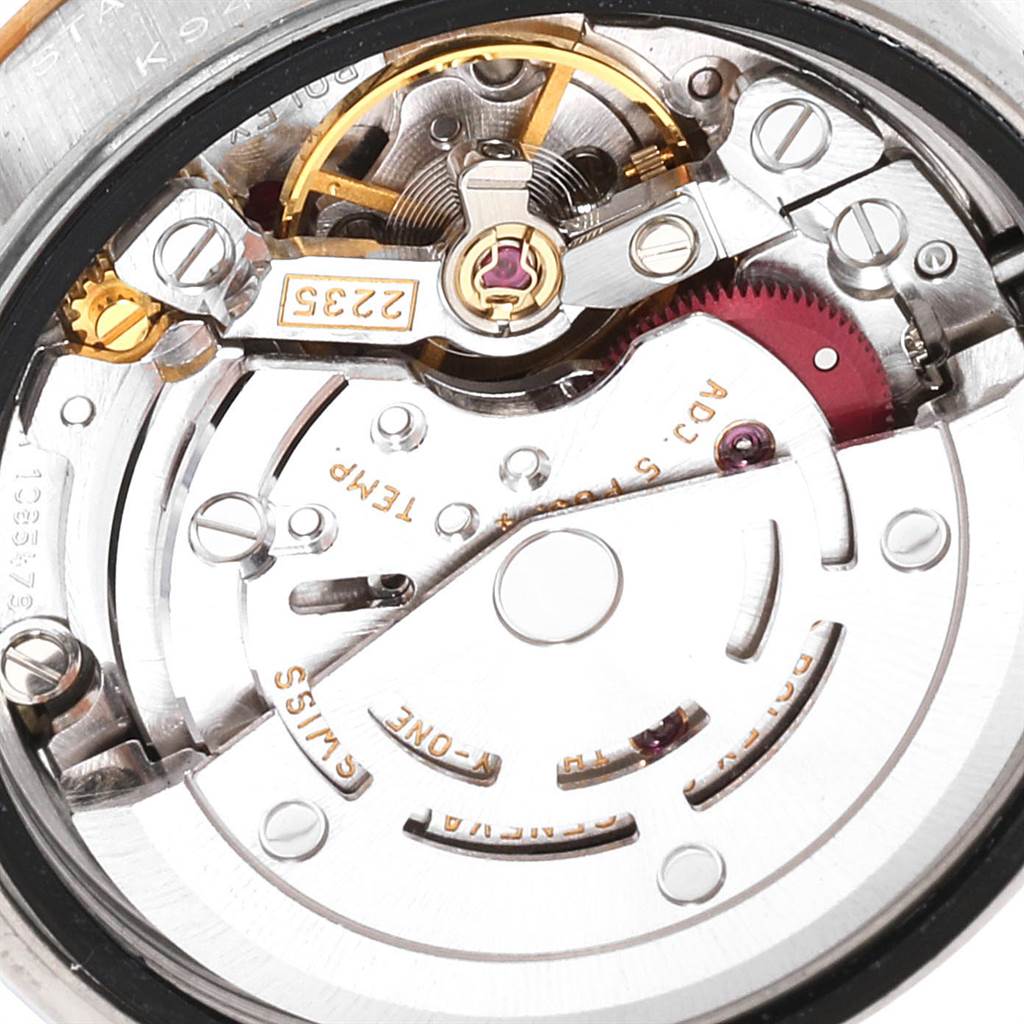 This image shows an up-close view of the Rolex Datejust 79173 Women's Stainless Steel Champagne Dial 79173 Women's Stainless Steel Champagne Dial model's internal mechanical movement parts.