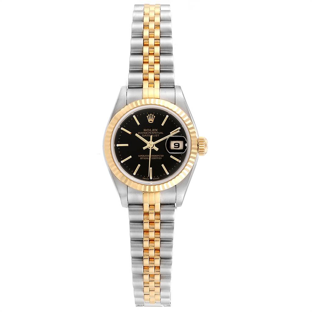 The image shows a front view of a Rolex Datejust 79173 Women's Steel and Gold (two tone) Black Dial 79173 Women's Steel and Gold (two tone) Black Dial watch, highlighting its two-tone bracelet, black dial, and fluted bezel.