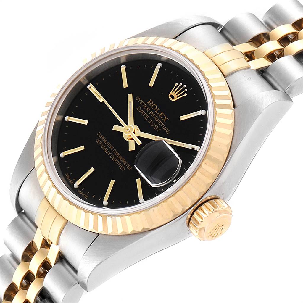 The image shows a close-up angle of a Rolex Datejust 79173 Women's Steel and Gold (two tone) Black Dial 79173 Women's Steel and Gold (two tone) Black Dial watch, highlighting the watch face, bezel, and part of the bracelet.