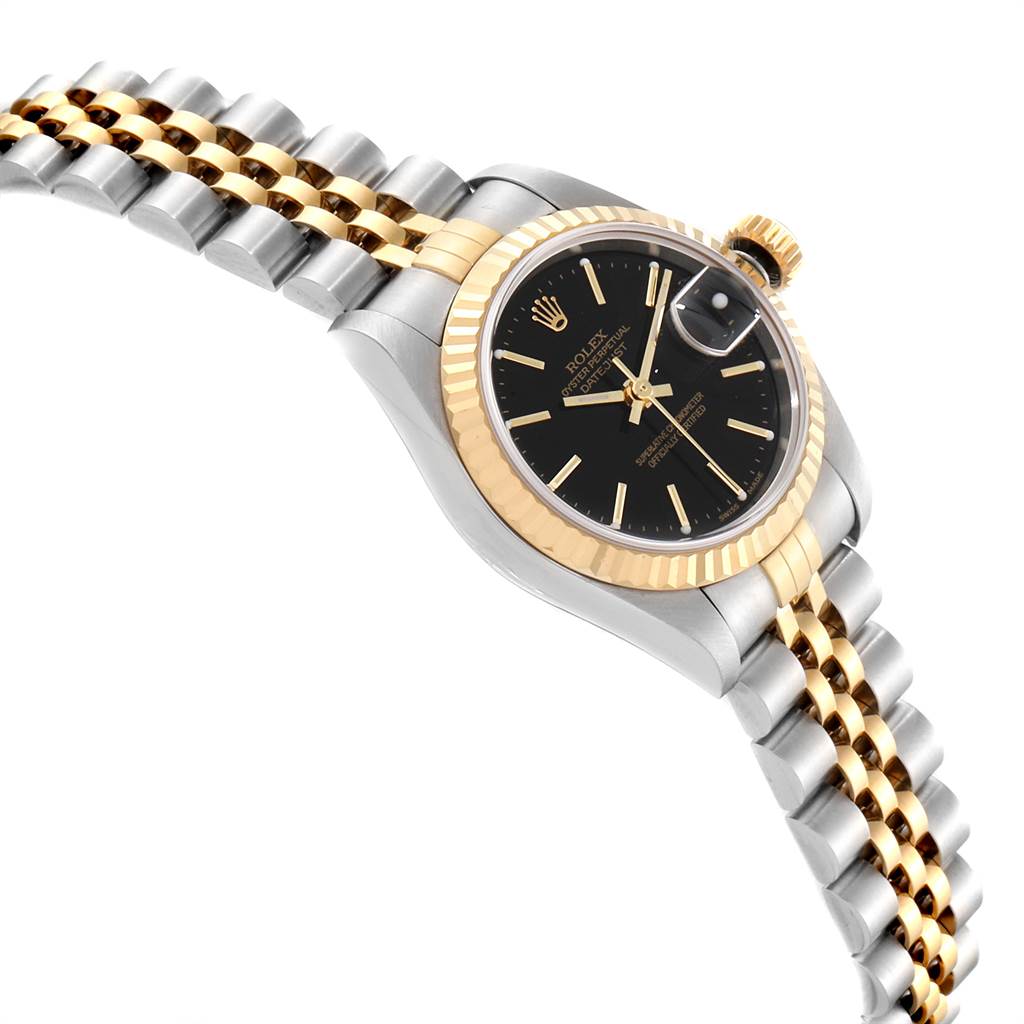 This image shows a close-up side angle of a Rolex Datejust 79173 Women's Steel and Gold (two tone) Black Dial 79173 Women's Steel and Gold (two tone) Black Dial watch, focusing on the dial, bezel, crown, and bracelet.