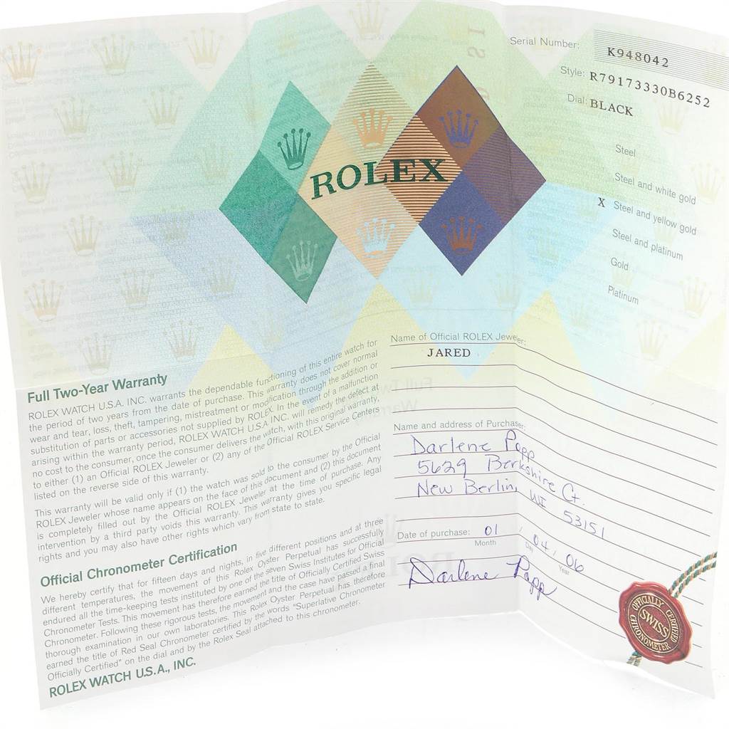 The image shows an open warranty card for a Datejust model by Rolex, displaying the serial number, style, and purchase details.