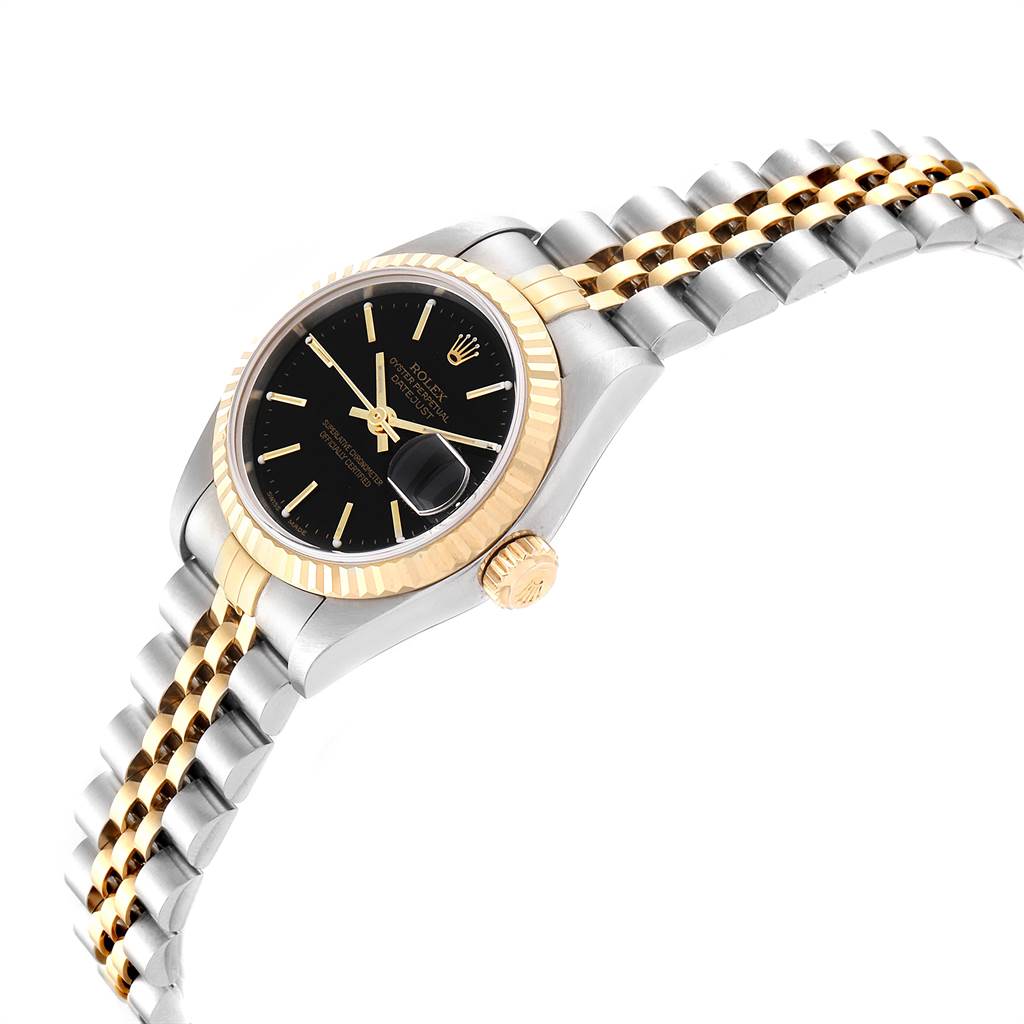 This image shows a Rolex Datejust 79173 Women's Steel and Gold (two tone) Black Dial 79173 Women's Steel and Gold (two tone) Black Dial watch at a three-quarter angle, highlighting the bezel, crown, dial, and bracelet.
