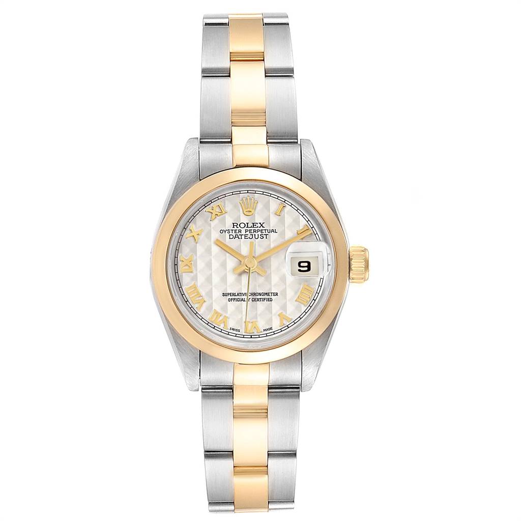 The Rolex Datejust 69163 Women's Stainless Steel Beige Dial 69163 Women's Stainless Steel Beige Dial watch is shown from a front angle, highlighting the face, bezel, bracelet, and date window.