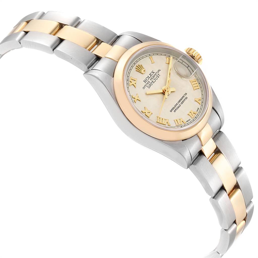 The image shows a Rolex Datejust 69163 Women's Stainless Steel Beige Dial 69163 Women's Stainless Steel Beige Dial watch, highlighting part of the bracelet, the case, and the dial with Roman numerals and a cyclops lens.