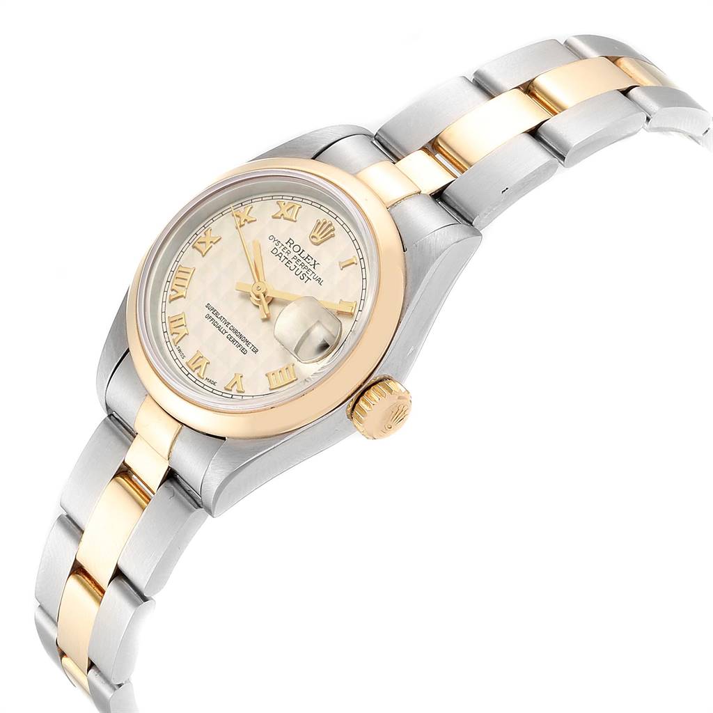 The image shows a Rolex Datejust 69163 Women's Stainless Steel Beige Dial 69163 Women's Stainless Steel Beige Dial watch from a top angle, highlighting its two-tone bracelet, dial, bezel, and crown.
