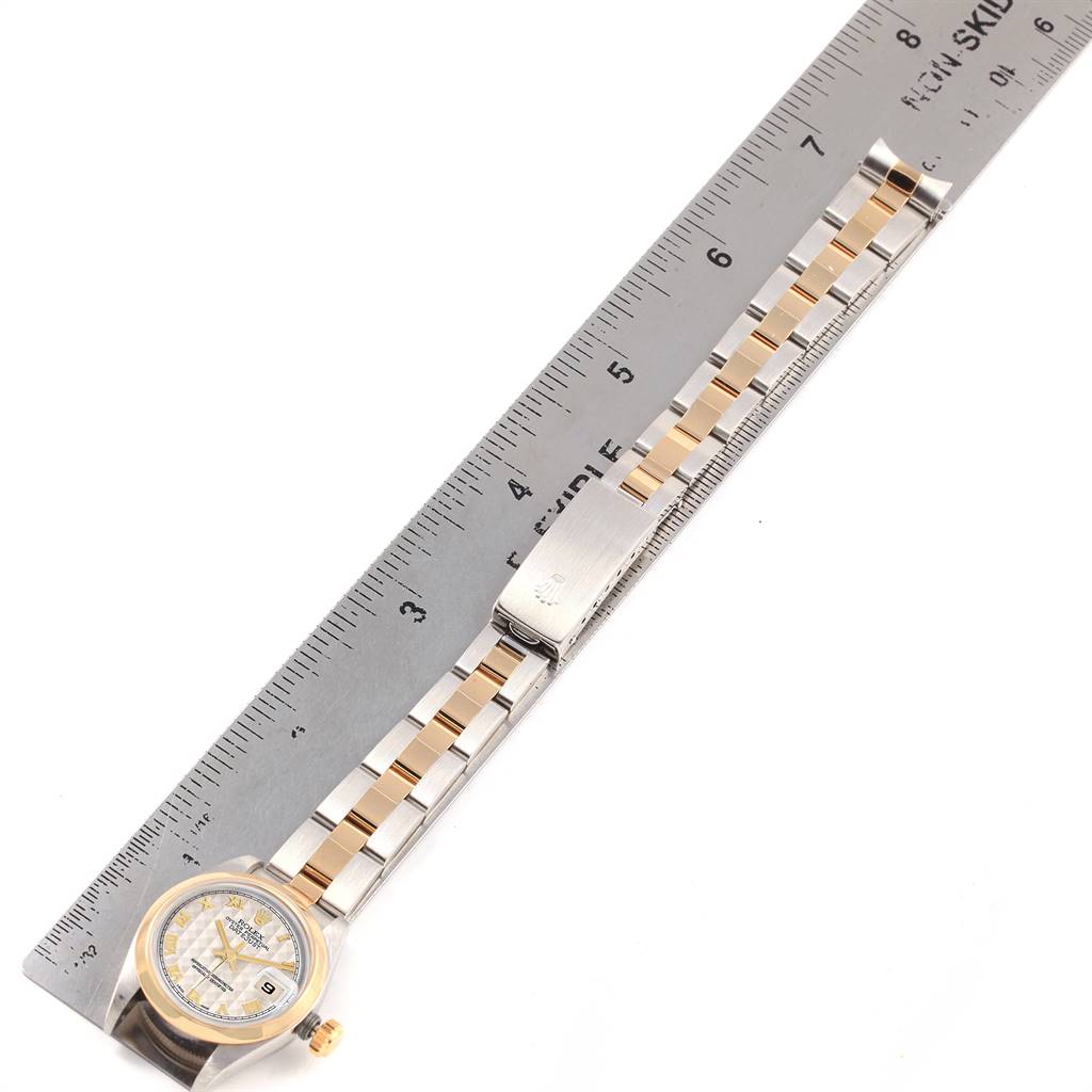 The image shows a Rolex Datejust 69163 Women's Stainless Steel Beige Dial 69163 Women's Stainless Steel Beige Dial watch laid flat next to a ruler, displaying its face, bracelet, and clasp for measurement.