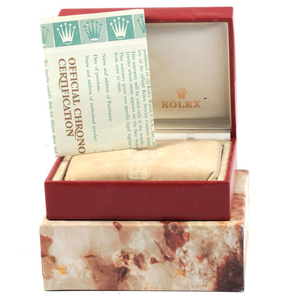 The image shows a Rolex Datejust 69163 Women's Stainless Steel Beige Dial 69163 Women's Stainless Steel Beige Dial box, an inner cushion, and an official chronometer certification placed inside the box.