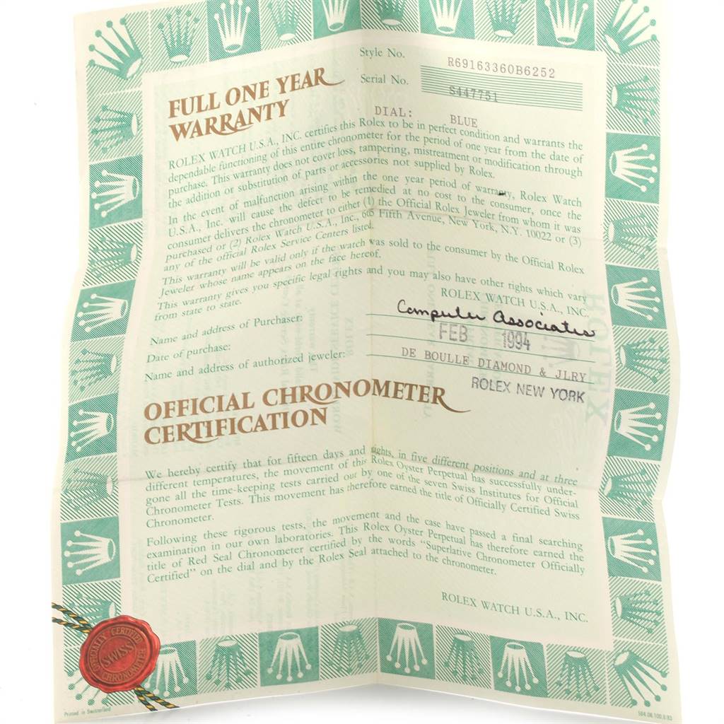 This image shows the official chronometer certification and warranty document for a Rolex Datejust 69163 Women's Stainless Steel Beige Dial 69163 Women's Stainless Steel Beige Dial watch.