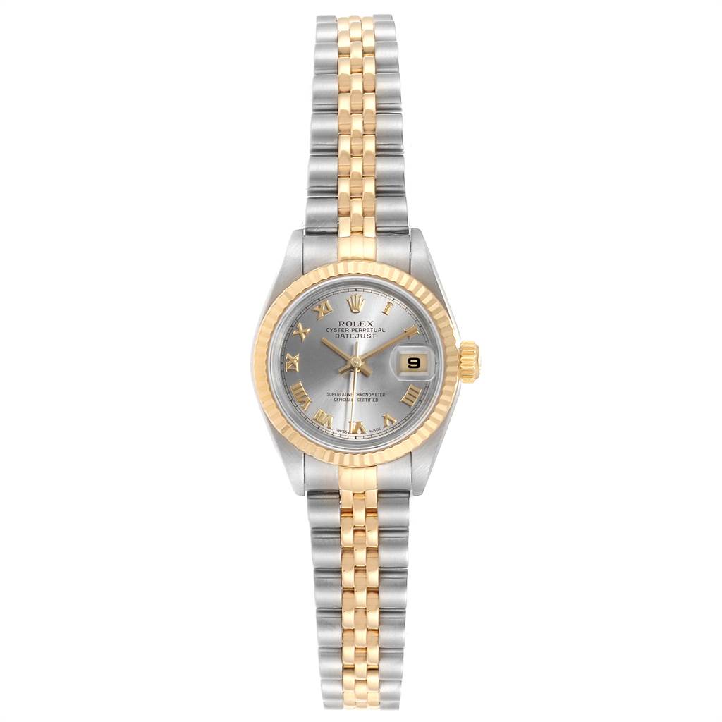 The image shows a front view of a Rolex Datejust 79173 Women's Steel and Gold (two tone) Grey Dial 79173 Women's Steel and Gold (two tone) Grey Dial watch with a silver and gold Jubilee bracelet.