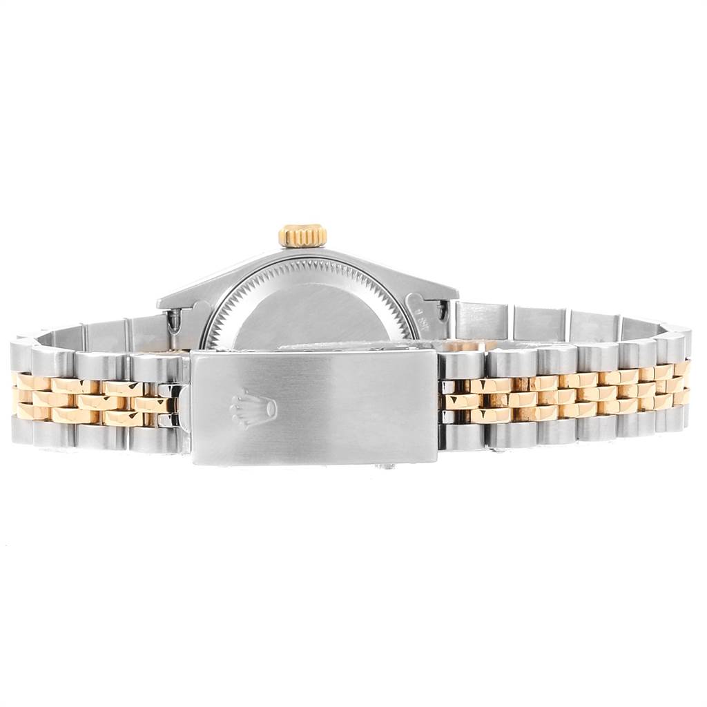 The image shows the back of a Rolex Datejust 79173 Women's Steel and Gold (two tone) Grey Dial 79173 Women's Steel and Gold (two tone) Grey Dial watch, highlighting the case, bracelet, and clasp.