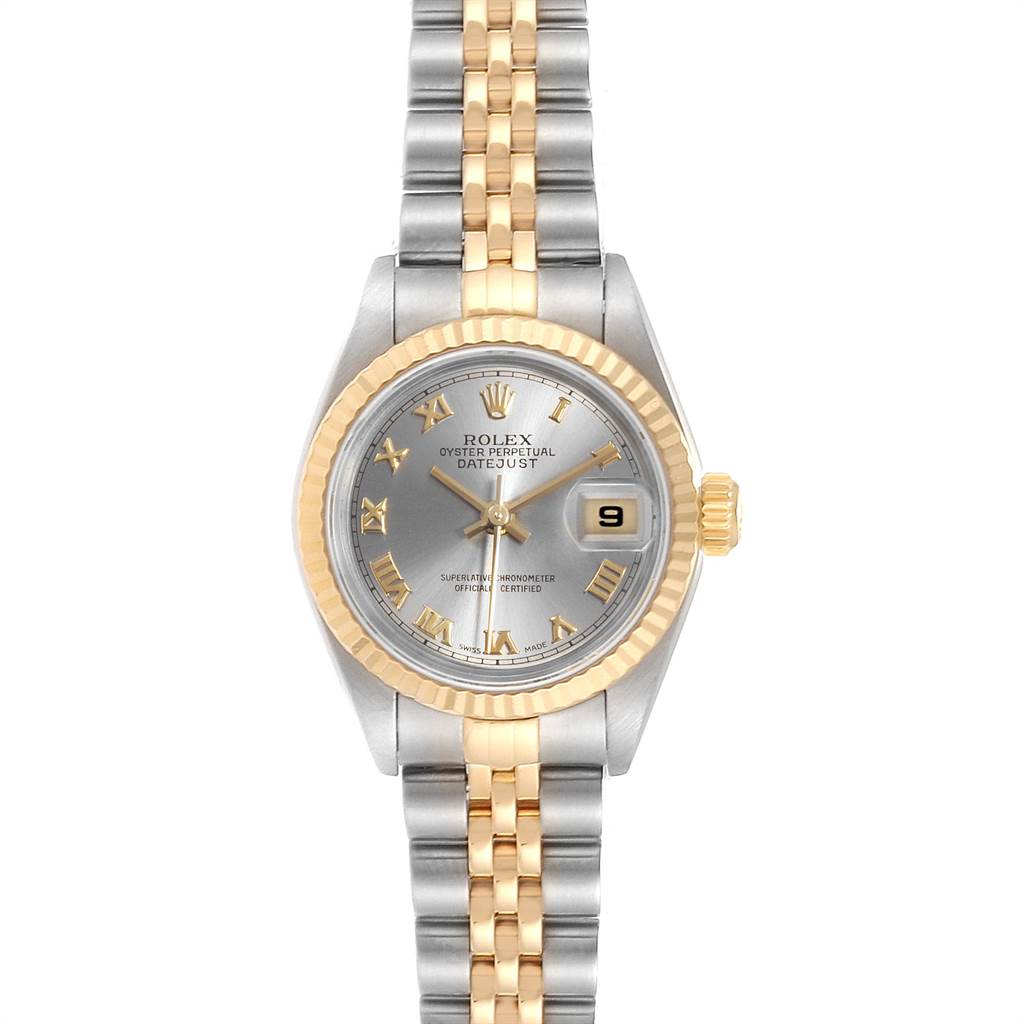 The image shows a front view of a Rolex Datejust 79173 Women's Steel and Gold (two tone) Grey Dial 79173 Women's Steel and Gold (two tone) Grey Dial watch, featuring a two-tone band, fluted bezel, and date window.