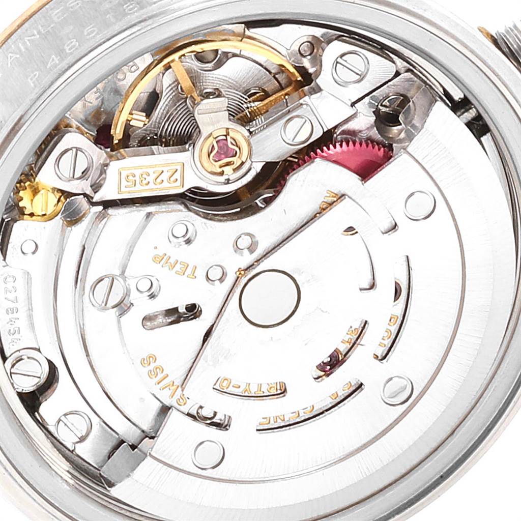 This is a close-up, top-down view of the inner mechanism of a Rolex Datejust 79173 Women's Steel and Gold (two tone) Grey Dial 79173 Women's Steel and Gold (two tone) Grey Dial watch.