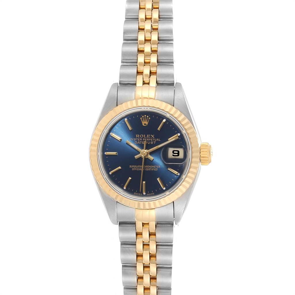 This Rolex Datejust 79173 Women
s Steel and Gold (two tone) Blue Dial 79173 Women
s Steel and Gold (two tone) Blue Dial model is shown from a front angle, displaying its two-tone bracelet, blue dial, and date window.