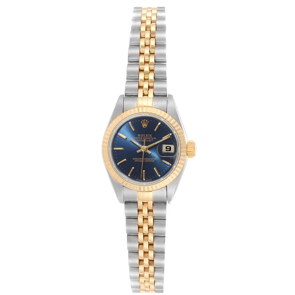 This image shows a front view of a Rolex Datejust 79173 Women
s Steel and Gold (two tone) Blue Dial 79173 Women
s Steel and Gold (two tone) Blue Dial watch, highlighting its two-tone bracelet, blue dial, and fluted bezel.