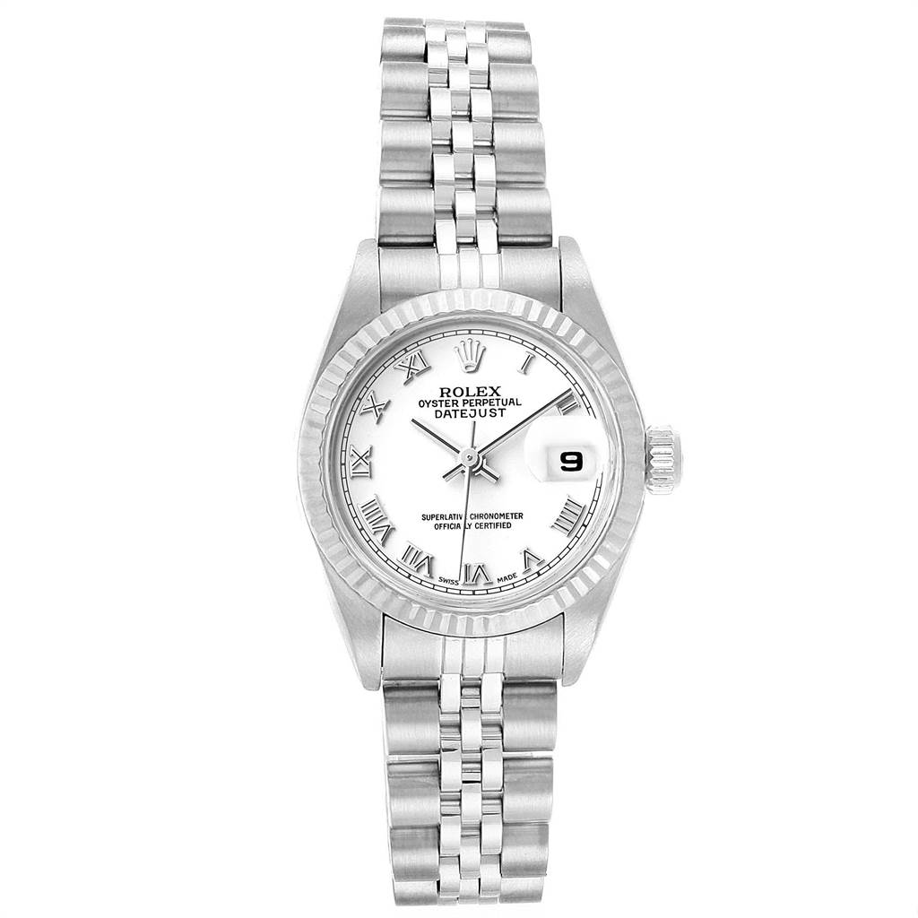 The image shows a front view of the Rolex Datejust 79174 Women's Stainless Steel White Dial 79174 Women's Stainless Steel White Dial watch, displaying its dial, bezel, crown, and bracelet.