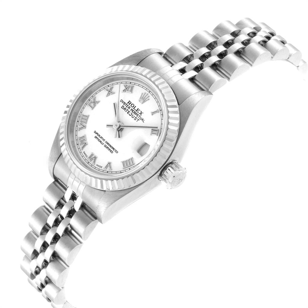 This Rolex Datejust 79174 Women's Stainless Steel White Dial 79174 Women's Stainless Steel White Dial watch is angled to show its face, bezel, crown, and bracelet.