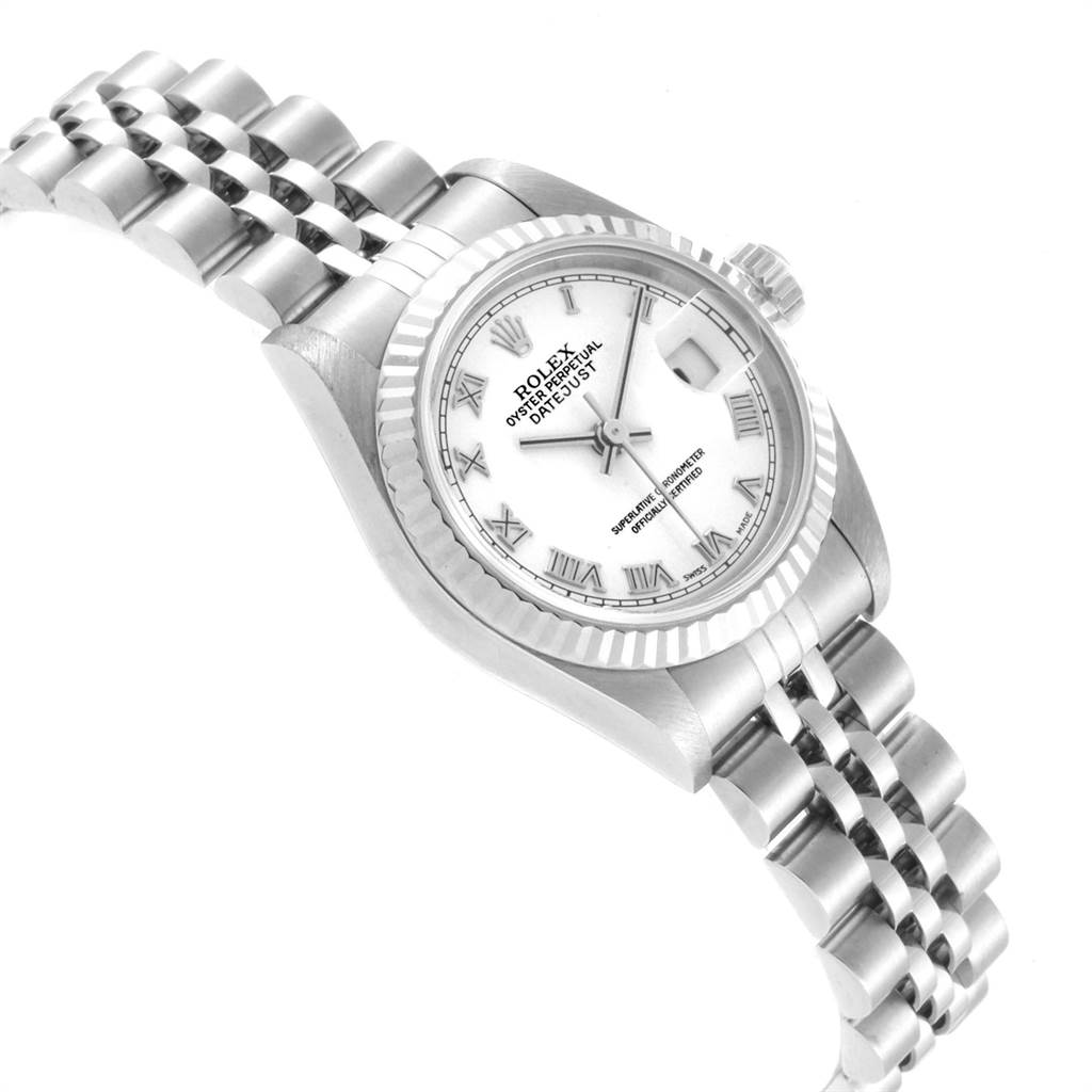 The image shows a Rolex Datejust 79174 Women's Stainless Steel White Dial 79174 Women's Stainless Steel White Dial watch at an angled view, highlighting the face, bezel, crown, and jubilee bracelet.