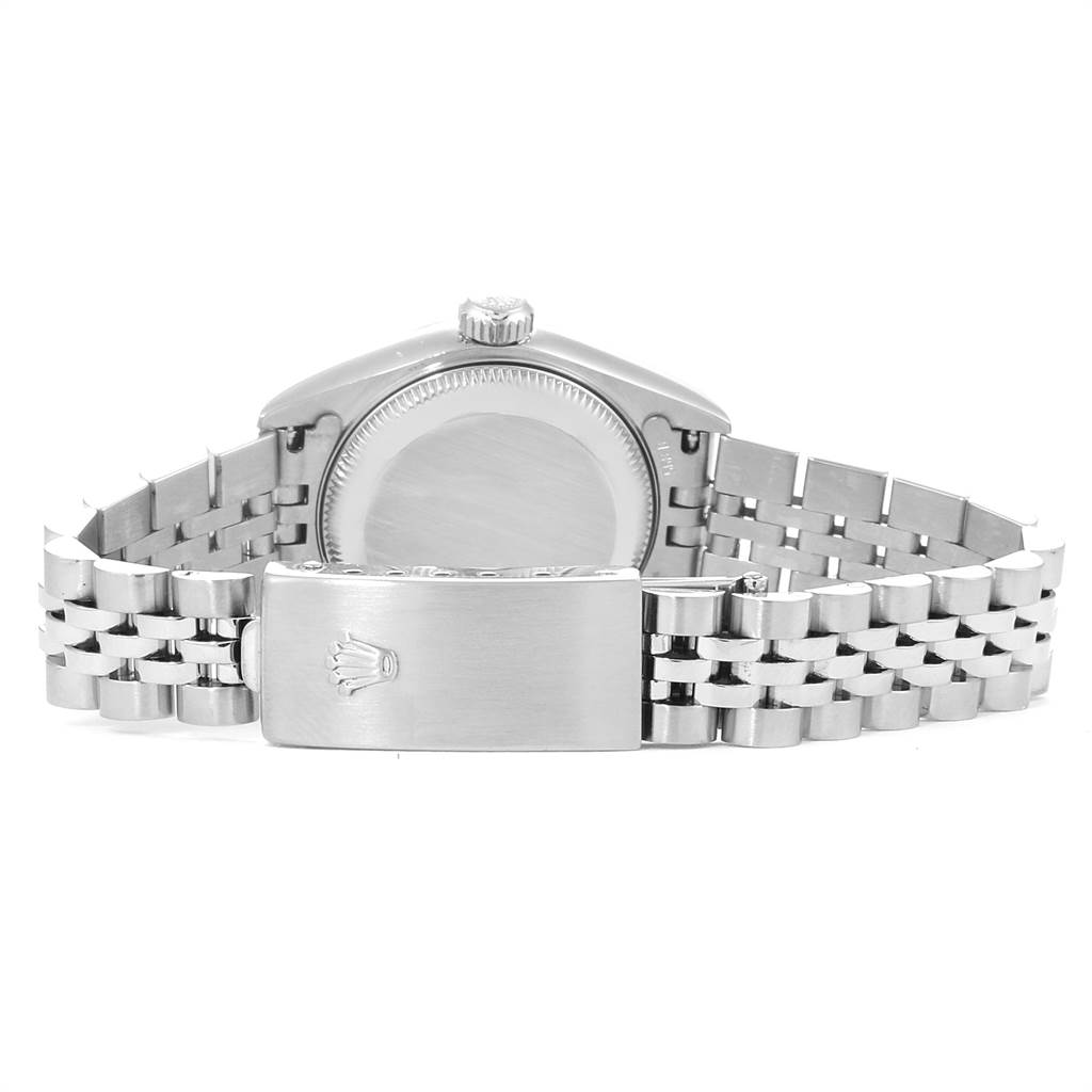 This image shows the back view of a Rolex Datejust 79174 Women's Stainless Steel White Dial 79174 Women's Stainless Steel White Dial watch, displaying its closed case back and the Jubilee bracelet with the Rolex logo on the clasp.