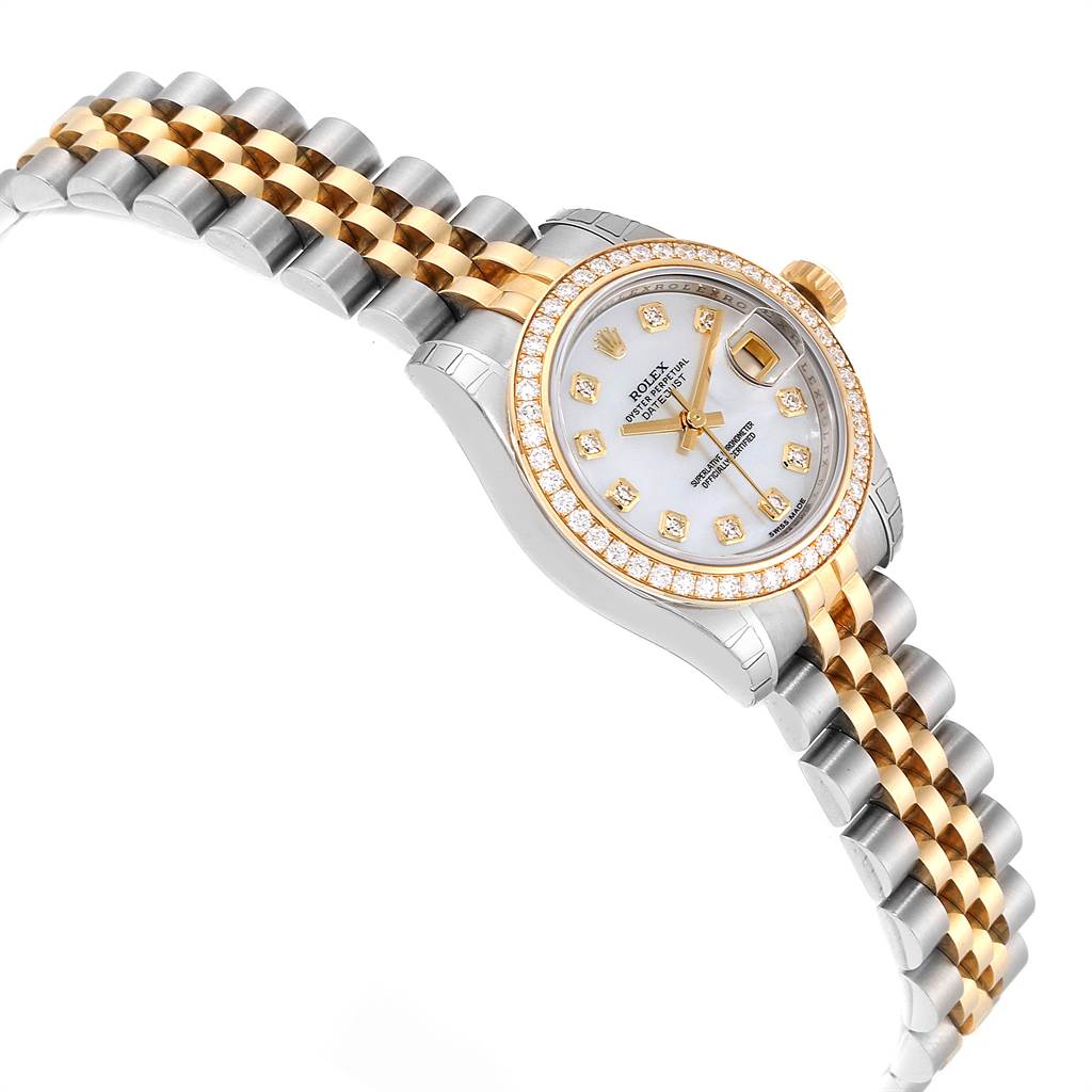 This image shows a Rolex Datejust 179383 Women's Steel and Gold (two tone) Mother of Pearl Dial 179383 Women's Steel and Gold (two tone) Mother of Pearl Dial watch at a slight angle, highlighting its dial, bezel, case, and two-tone bracelet.