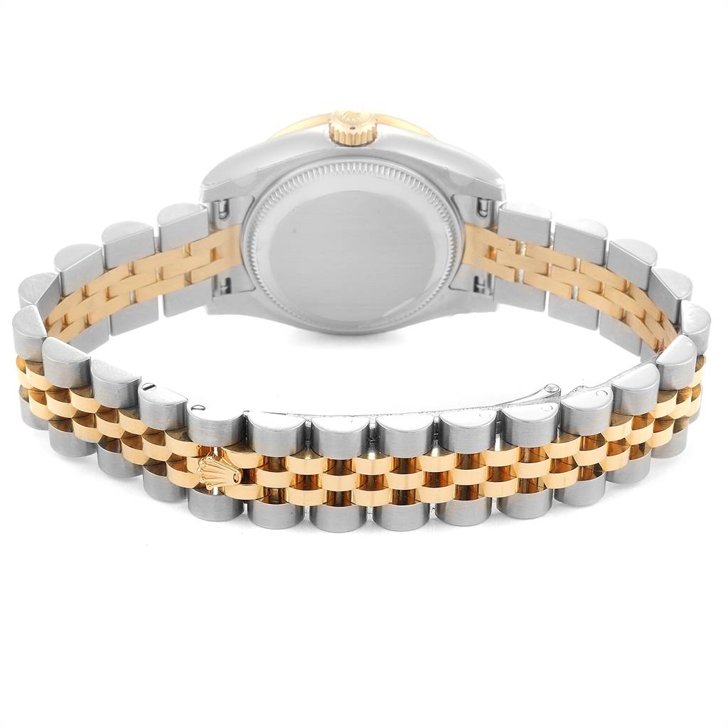 The image shows the back case and two-tone bracelet of a Rolex Datejust 179383 Women's Steel and Gold (two tone) Mother of Pearl Dial 179383 Women's Steel and Gold (two tone) Mother of Pearl Dial watch from a rear angle.