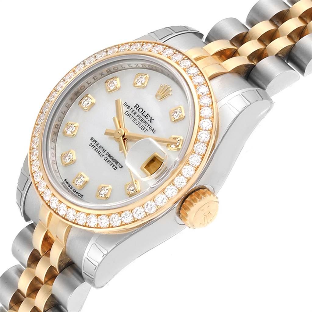 This image shows a close-up of a Rolex Datejust 179383 Women's Steel and Gold (two tone) Mother of Pearl Dial 179383 Women's Steel and Gold (two tone) Mother of Pearl Dial watch highlighting the dial, bezel, and part of the bracelet.