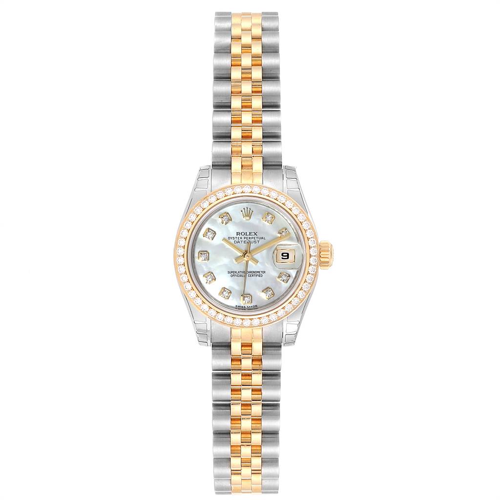 This image shows a front view of a Rolex Datejust 179383 Women's Steel and Gold (two tone) Mother of Pearl Dial 179383 Women's Steel and Gold (two tone) Mother of Pearl Dial watch, highlighting the dial, bezel, and two-tone bracelet.
