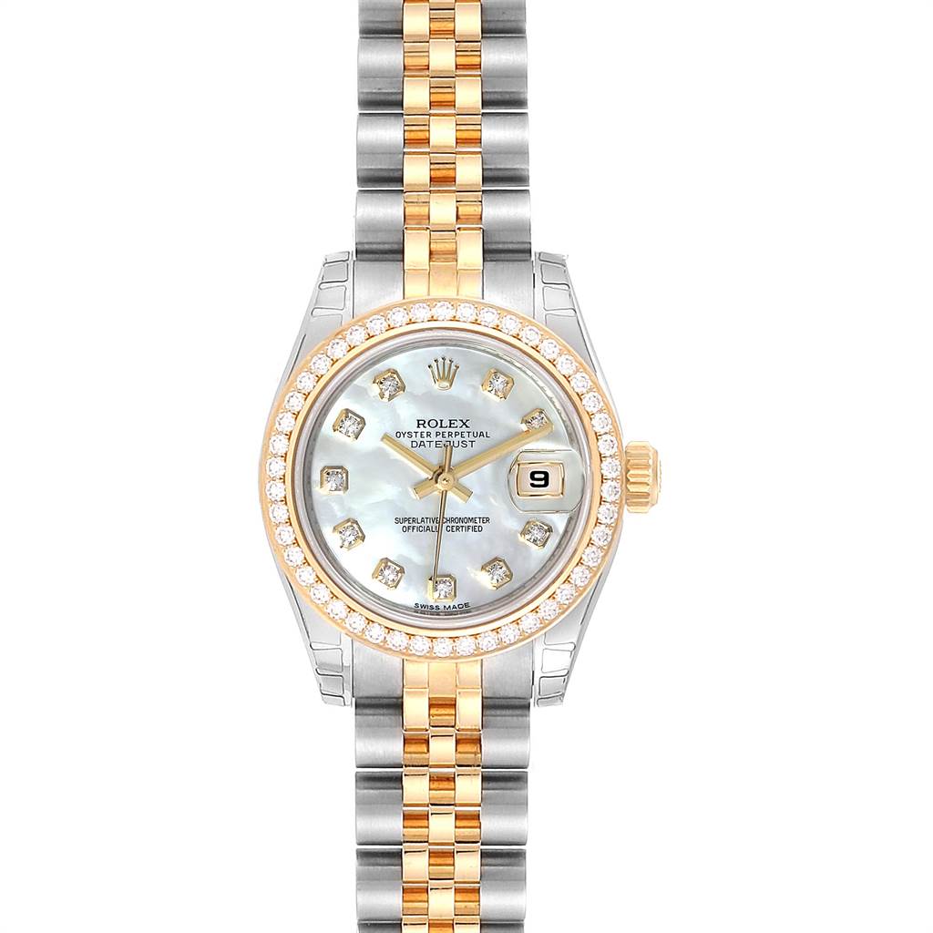 This Rolex Datejust 179383 Women's Steel and Gold (two tone) Mother of Pearl Dial 179383 Women's Steel and Gold (two tone) Mother of Pearl Dial watch is shown from a front angle, highlighting its dial, bezel, and two-tone bracelet.