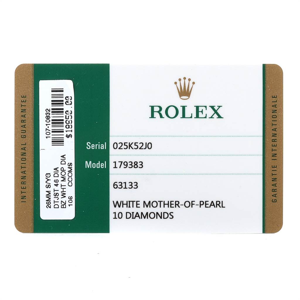 This image shows a green and white international guarantee card for a Rolex Datejust 179383 Women's Steel and Gold (two tone) Mother of Pearl Dial 179383 Women's Steel and Gold (two tone) Mother of Pearl Dial model, detailing its serial number and characteristics.