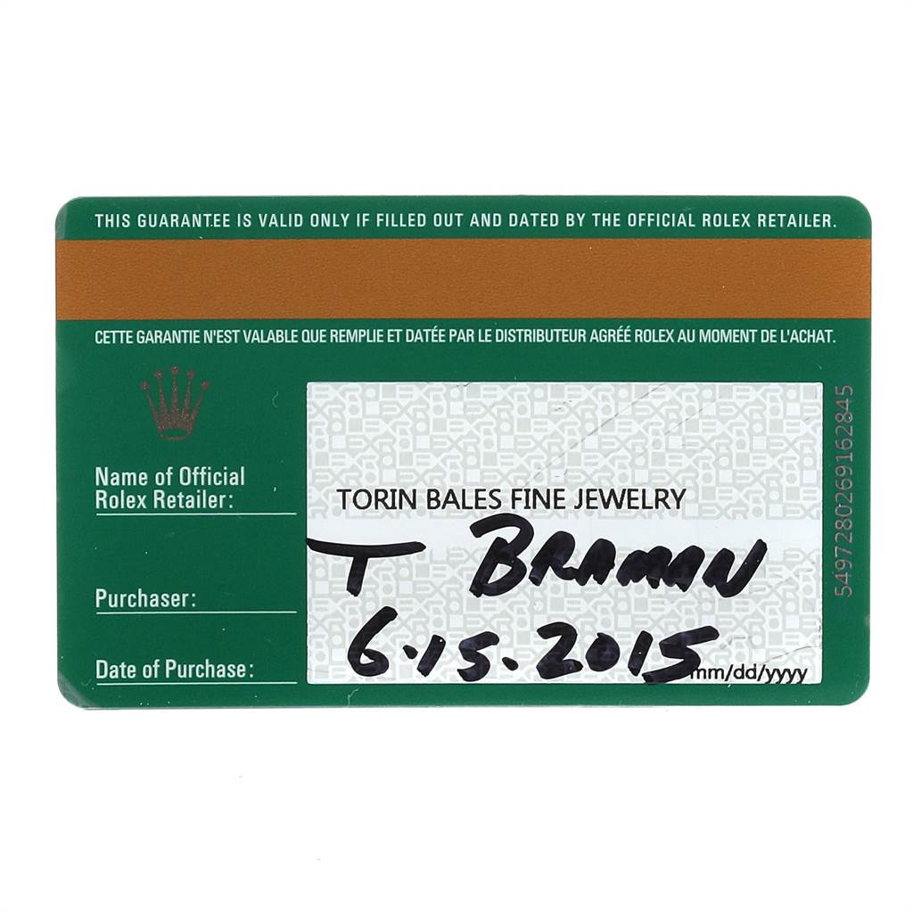 This is a warranty card for a Rolex Datejust 179383 Women's Steel and Gold (two tone) Mother of Pearl Dial 179383 Women's Steel and Gold (two tone) Mother of Pearl Dial watch, showing the retailer and date of purchase information.