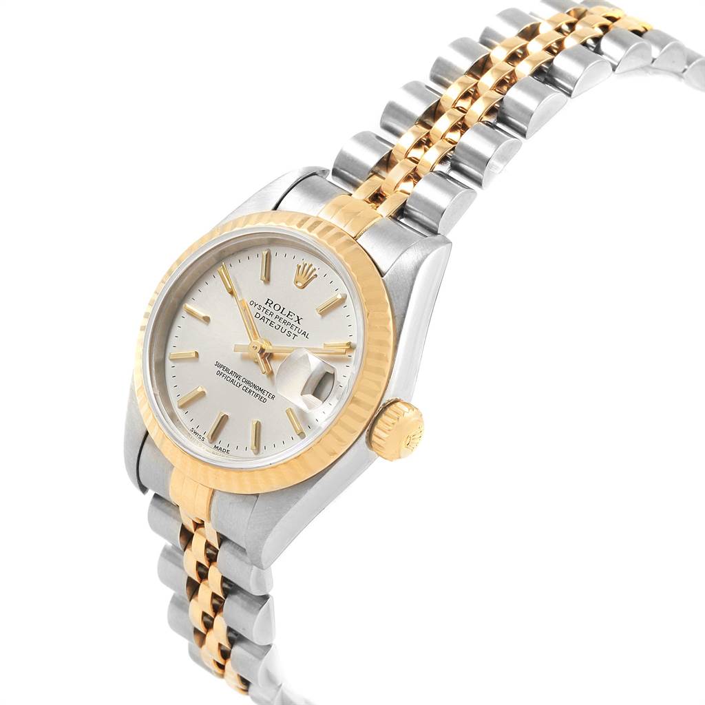 The image shows a Rolex Datejust 79173 Women's Steel and Gold (two tone) Silver Dial 79173 Women's Steel and Gold (two tone) Silver Dial watch at a slight angle, highlighting the dial, bezel, crown, and two-tone bracelet.