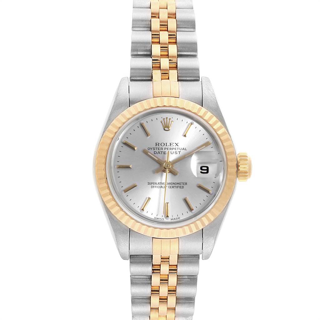 The Rolex Datejust 79173 Women's Steel and Gold (two tone) Silver Dial 79173 Women's Steel and Gold (two tone) Silver Dial watch is shown from a top-down angle, featuring a silver and gold two-tone bracelet and a silver dial with a date display.