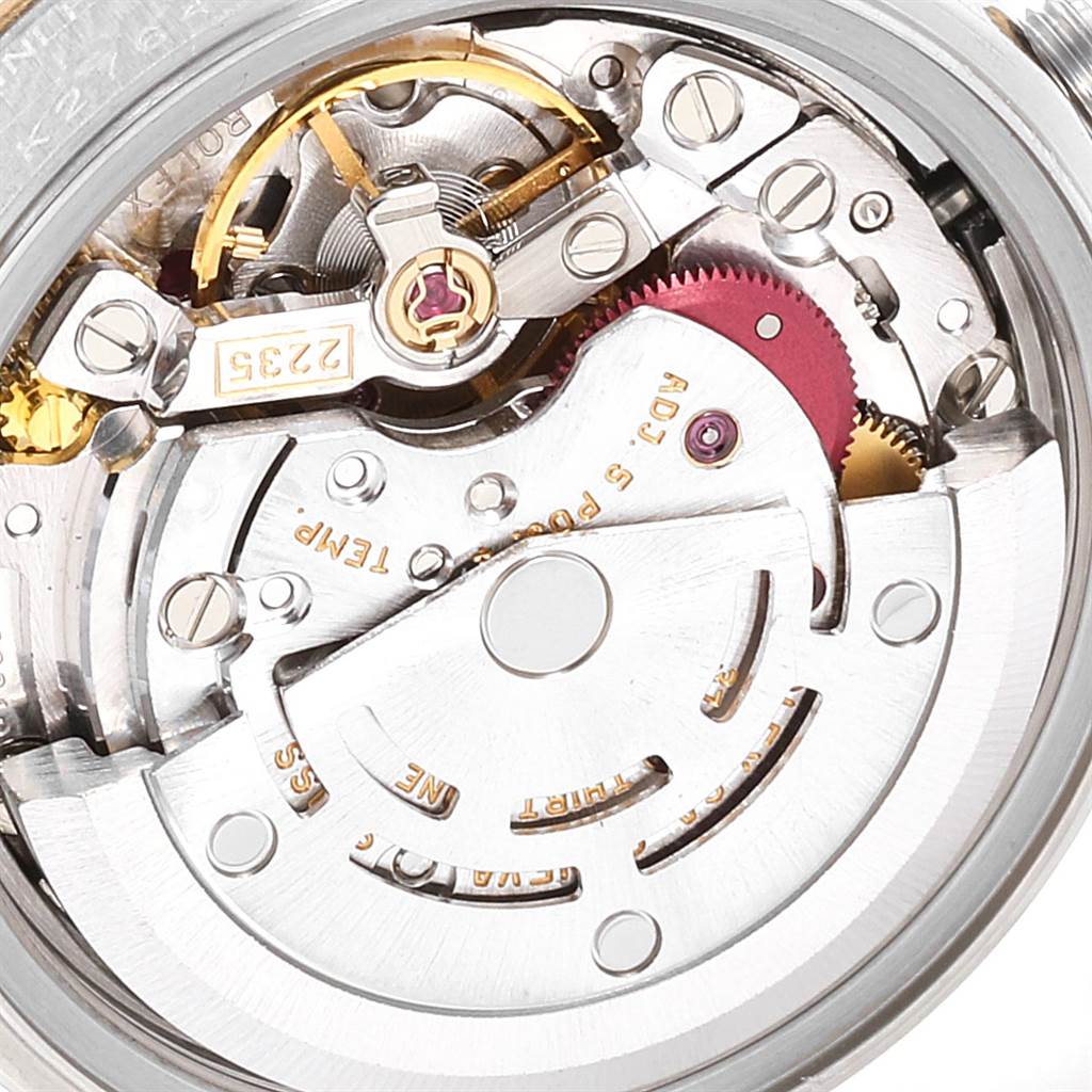 This image shows the movement mechanism of a Rolex Datejust 79173 Women's Steel and Gold (two tone) Silver Dial 79173 Women's Steel and Gold (two tone) Silver Dial watch from an angled top-down perspective.
