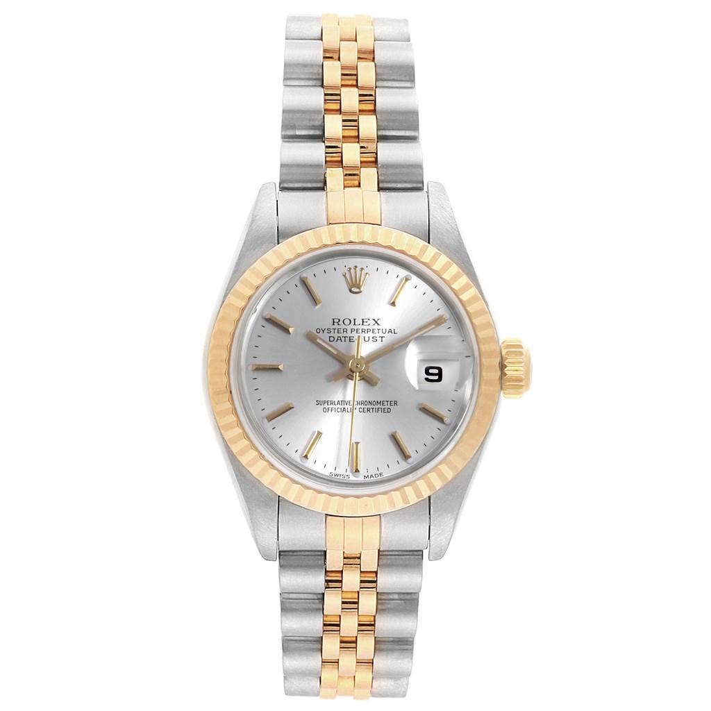 This image shows a front view of a Rolex Datejust 79173 Women's Steel and Gold (two tone) Silver Dial 79173 Women's Steel and Gold (two tone) Silver Dial watch featuring a two-tone metal bracelet and a silver dial with a date display.