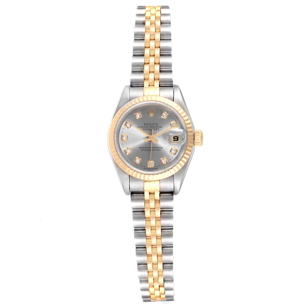 The Rolex Datejust 79173 Women's Stainless Steel Grey Dial 79173 Women's Stainless Steel Grey Dial watch is shown from a top-down angle, displaying its face, bezel, and bracelet.