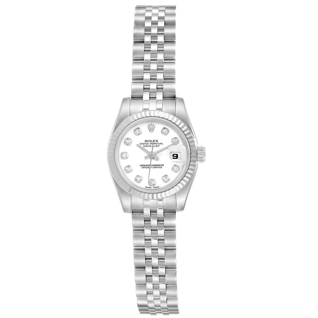This image shows a Rolex Datejust 179174 Women
s Stainless Steel White Dial 179174 Women
s Stainless Steel White Dial watch from a top-down angle, displaying the dial, bracelet, and watch case.