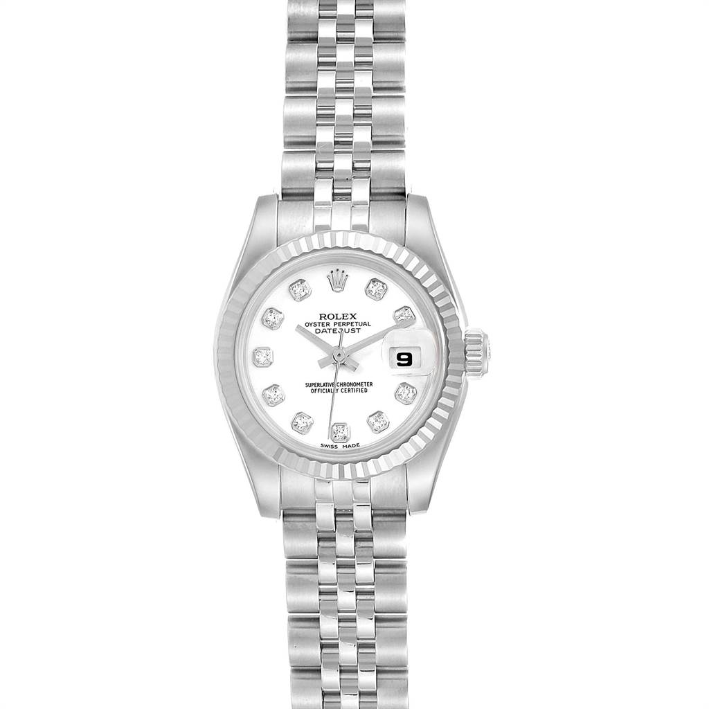This image shows a frontal view of a Rolex Datejust 179174 Women
s Stainless Steel White Dial 179174 Women
s Stainless Steel White Dial watch, featuring its face, dial, bracelet, and date display.