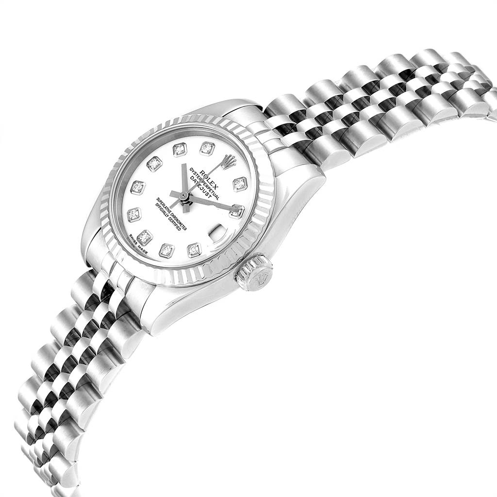 The image shows a Rolex Datejust 179174 Women
s Stainless Steel White Dial 179174 Women
s Stainless Steel White Dial model watch from an oblique angle, highlighting the watch face, bezel, crown, and bracelet.