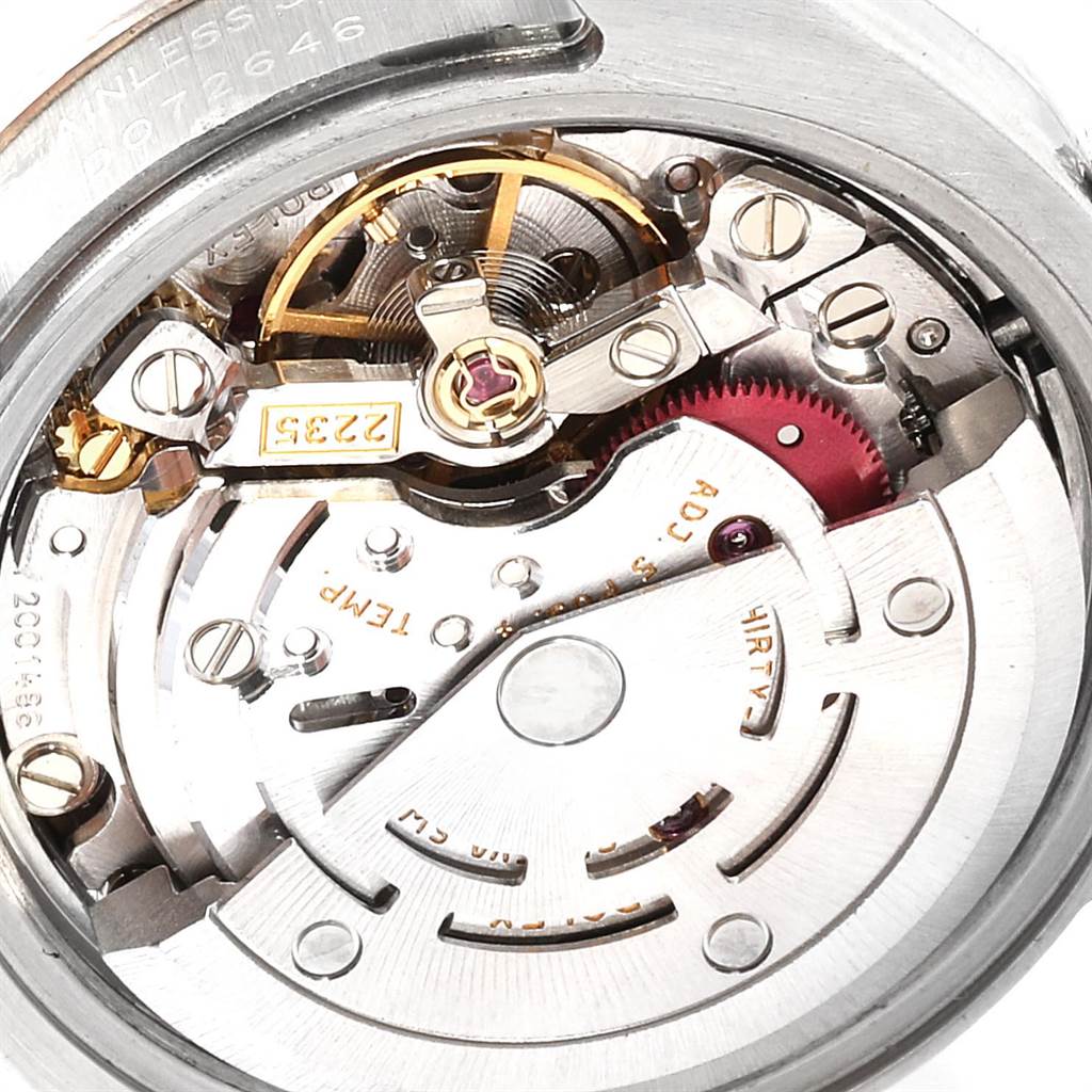 The image shows the inner mechanical movement of a Rolex Datejust 179174 Women
s Stainless Steel White Dial 179174 Women
s Stainless Steel White Dial watch from a close-up angle.
