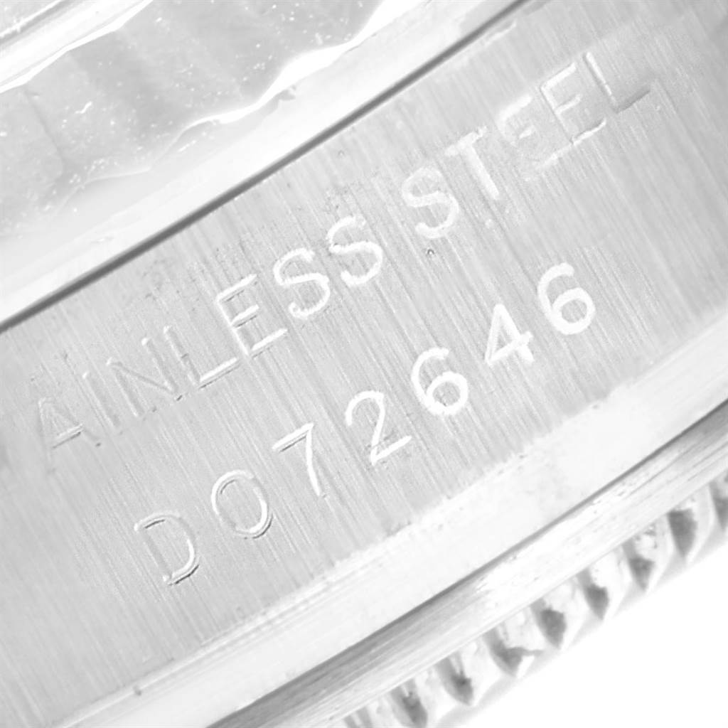 This close-up image shows the side view of the stainless steel casing with the model serial number engraved on the Rolex Datejust 179174 Women
s Stainless Steel White Dial 179174 Women
s Stainless Steel White Dial watch.