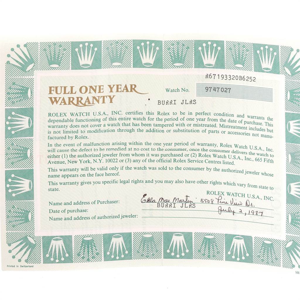 This is a textual image of a warranty card for a Rolex Datejust 67193 Women's Steel and Gold (two tone) Champagne Dial 67193 Women's Steel and Gold (two tone) Champagne Dial model watch.