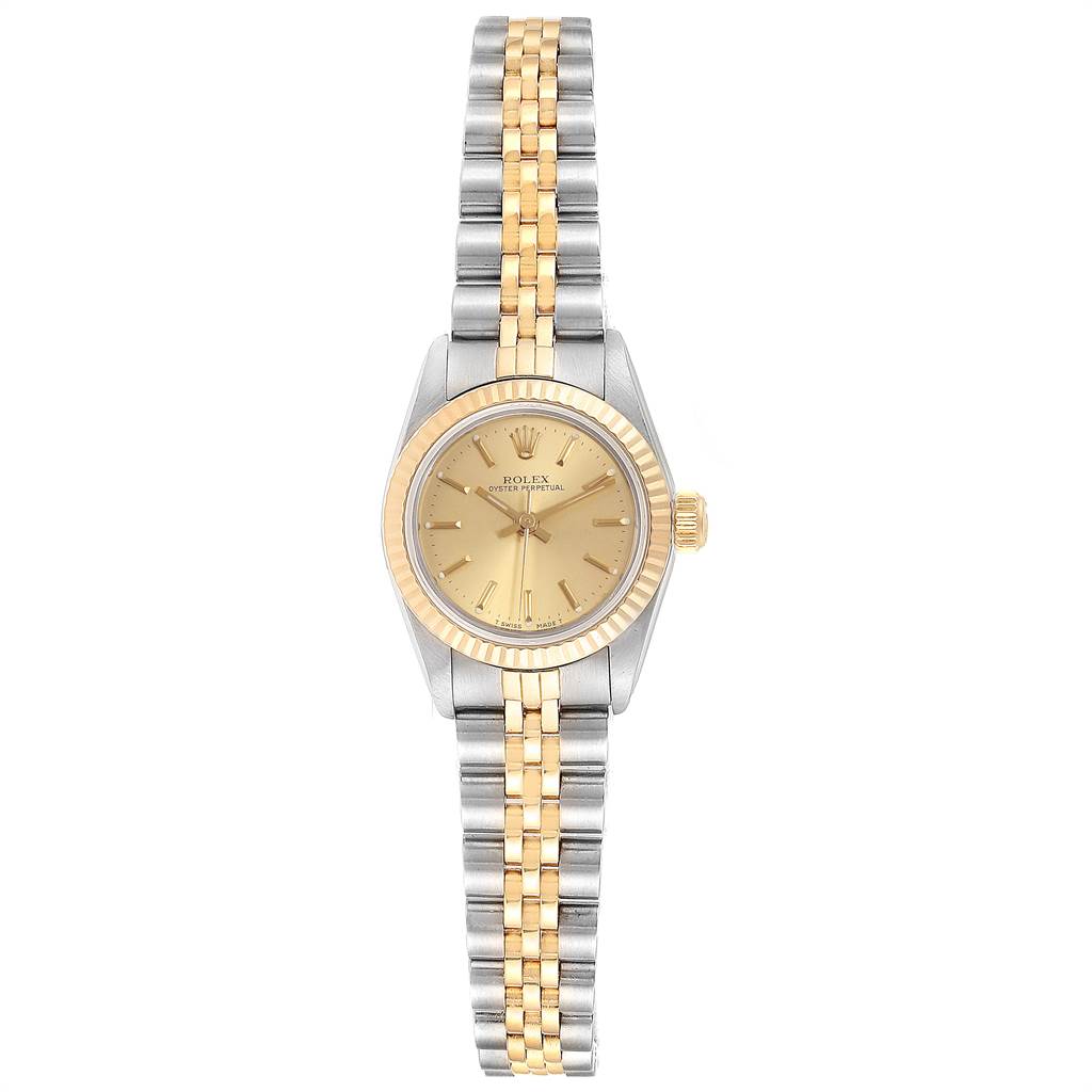 The image shows a Rolex Datejust 67193 Women's Steel and Gold (two tone) Champagne Dial 67193 Women's Steel and Gold (two tone) Champagne Dial watch from a top-down angle, displaying its face and two-tone bracelet.