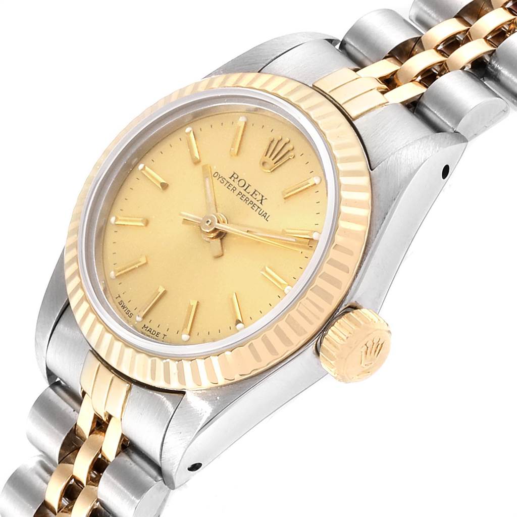 The image shows a close-up angled view of a Rolex Datejust 67193 Women's Steel and Gold (two tone) Champagne Dial 67193 Women's Steel and Gold (two tone) Champagne Dial, highlighting the dial, bezel, crown, and part of the bracelet.