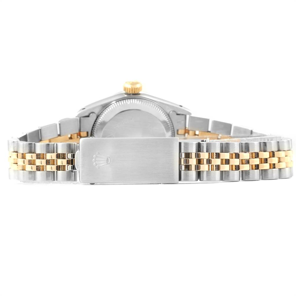 The image shows the back view of the Rolex Datejust 67193 Women's Steel and Gold (two tone) Champagne Dial 67193 Women's Steel and Gold (two tone) Champagne Dial watch, highlighting the bracelet, clasp, case back, and crown.